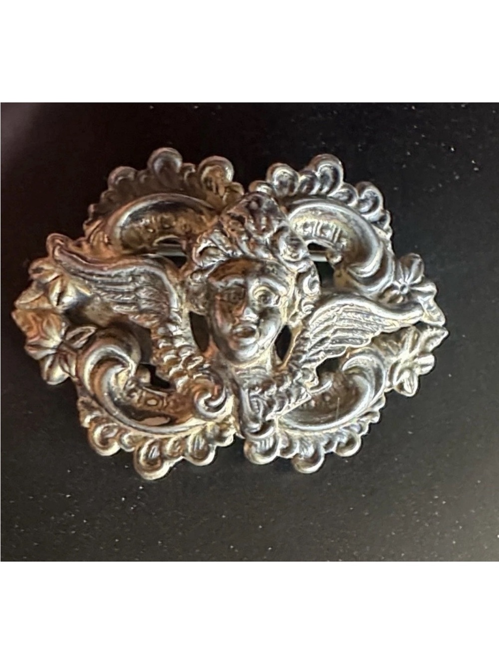 Antique Victorian Cherub Ornate Angel Pin Marked Gold Wash Over Sterling Silver!